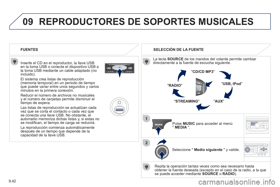 PEUGEOT 807 2013 Manual del propietario (in Spanish) 9.42
09REPRODUCTORES DE SOPORTES MUSICALES
Inserte el CD en el reproductor, la llave USB en la toma USB o conecte el dispositivo USB a
la toma USB mediante un cable adaptado (no
incluido).
El PEUGEOT 807 2013 Manual del propietario (in Spanish) 9.42
09REPRODUCTORES DE SOPORTES MUSICALES
Inserte el CD en el reproductor, la llave USB en la toma USB o conecte el dispositivo USB a
la toma USB mediante un cable adaptado (no
incluido).
El