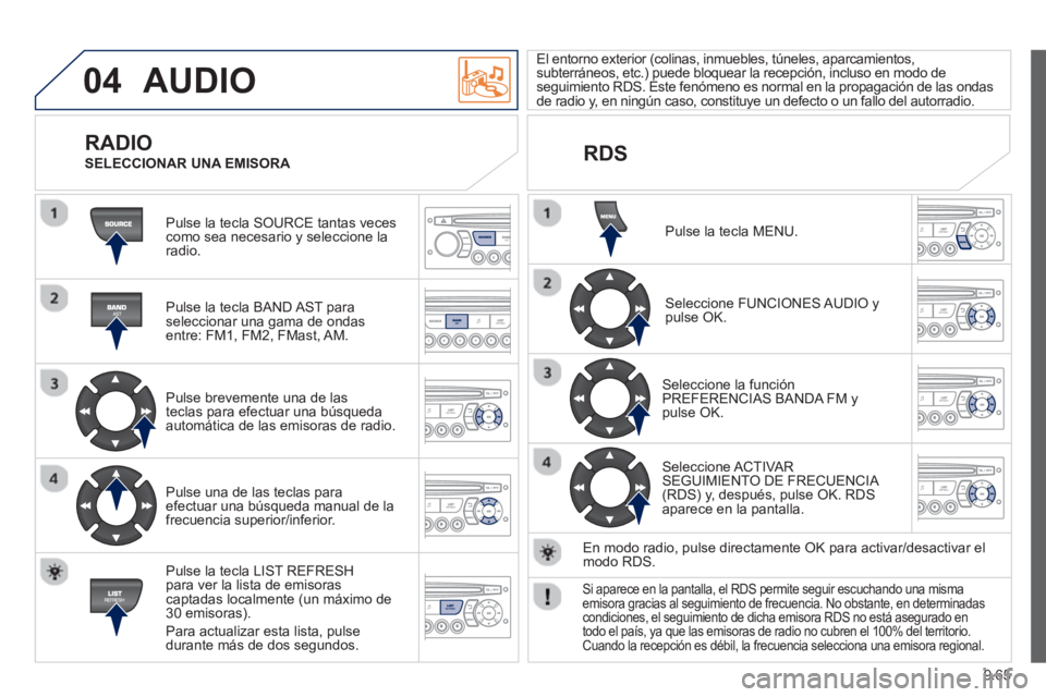 PEUGEOT 807 2013  Manual del propietario (in Spanish) 9.65
04  AUDIO 
 
Pulse la tecla SOURCE tantas vecescomo sea necesario y seleccione laradio.  
   
Pulse la tecla BAND A
ST paraseleccionar una gama de ondasentre: FM1, FM2, FMast, AM.  
   
Pulse bre