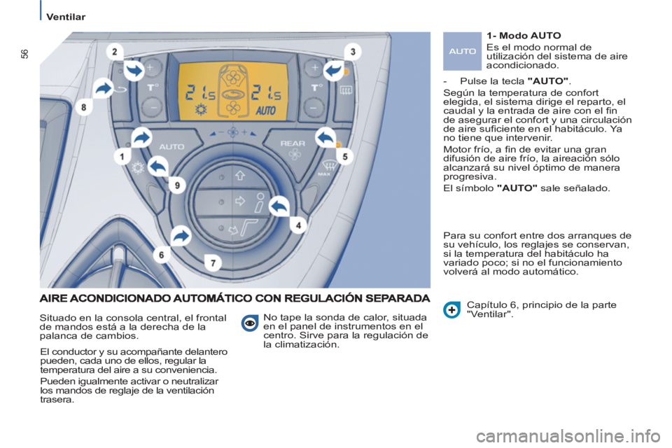 PEUGEOT 807 2013 Manual del propietario (in Spanish) 56
Ventilar
No tape la sonda de calor, situada
en el panel de instrumentos en el
centro. Sirve para la regulación de
la climatización. Situado en la consola central, el frontal
PEUGEOT 807 2013 Manual del propietario (in Spanish) 56
Ventilar
No tape la sonda de calor, situada
en el panel de instrumentos en el
centro. Sirve para la regulación de
la climatización. Situado en la consola central, el frontal