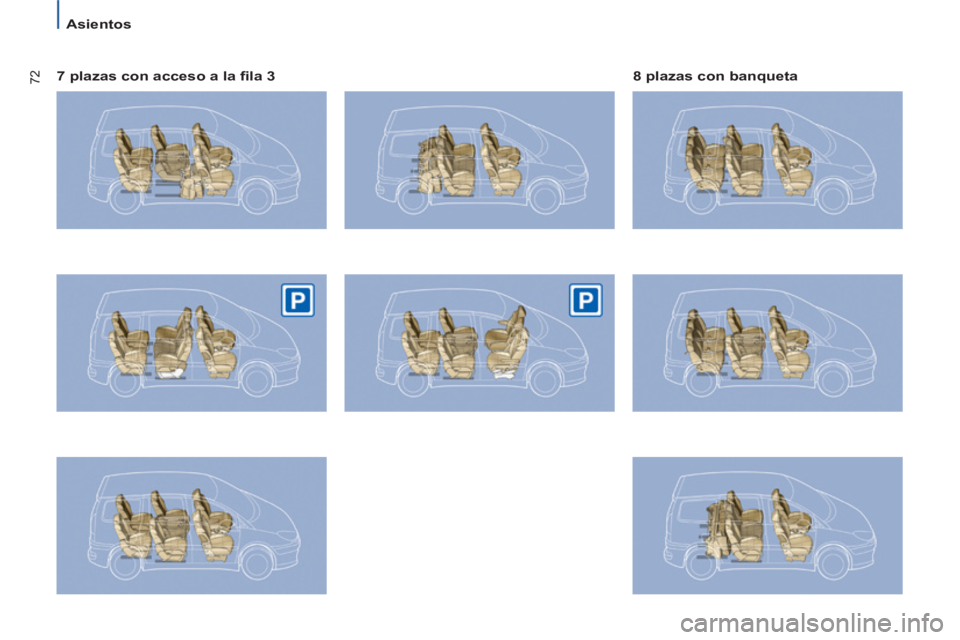 PEUGEOT 807 2013  Manual del propietario (in Spanish) 72
   
 
Asientos  
 
   
7 plazas con acceso a la ﬁ la 3    
8 plazas con banqueta   