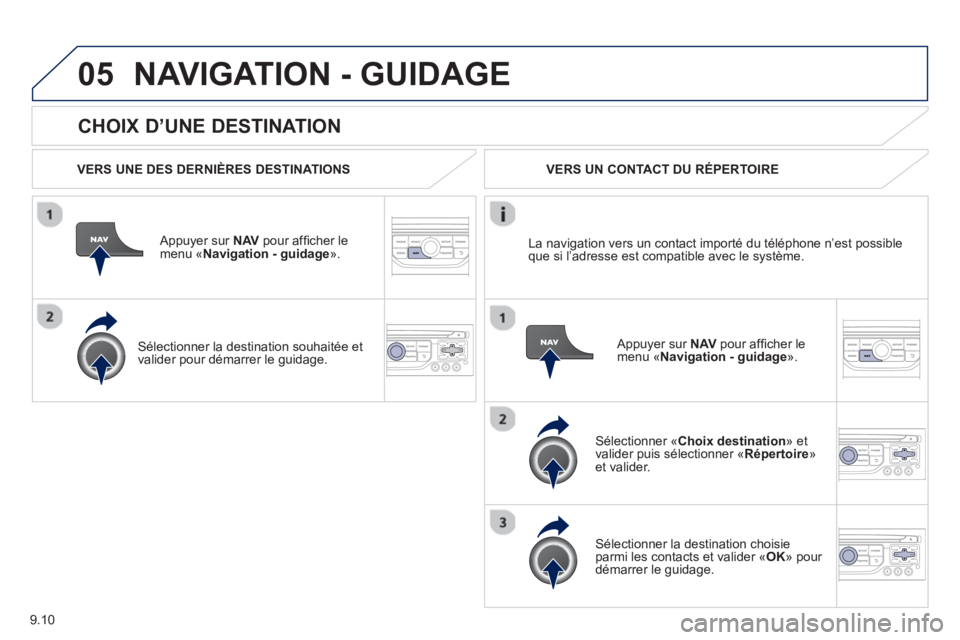 PEUGEOT 807 2013 Manuel du propriétaire (in French) 9.10
05
CHOIX D’UNE DESTINATION
NAVIGATION - GUIDAGE
VERS UNE DES DERNIÈRES DESTINATIONS
Appuyer sur NAVpour affi cher le menu ´Navigation - guidage».
Sélectionner la destina PEUGEOT 807 2013 Manuel du propriétaire (in French) 9.10
05
CHOIX D’UNE DESTINATION
NAVIGATION - GUIDAGE
VERS UNE DES DERNIÈRES DESTINATIONS
Appuyer sur NAVpour affi cher le menu ´Navigation - guidage».
Sélectionner la destina