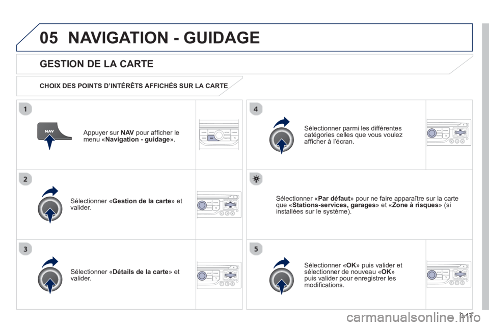 PEUGEOT 807 2013  Manuel du propriétaire (in French) 9.17
05NAVIGATION - GUIDAGE
   
Appuyer sur NAVpour afﬁ cher le menu ´Navigation - guidage».
 
 
GESTION DE LA CARTE 
 
 
CHOIX DES POINTS D’INTÉRÊTS AFFICHÉS SUR LA CARTE  
Sélectionner «G