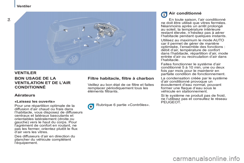 PEUGEOT 807 2013 Manuel du propriétaire (in French) 54
Ventiler
VENTILER
BON USAGE DE LA
VENTILATION ET DE L’AIR
CONDITIONNÉ
Aérateurs
«Laissez les ouverts»
Pour une répartition optimale de la
diffusion d’air ch PEUGEOT 807 2013 Manuel du propriétaire (in French) 54
Ventiler
VENTILER
BON USAGE DE LA
VENTILATION ET DE L’AIR
CONDITIONNÉ
Aérateurs
«Laissez les ouverts»
Pour une répartition optimale de la
diffusion d’air ch