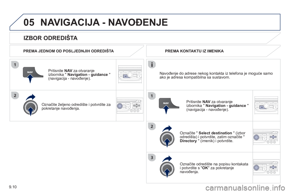 PEUGEOT 807 2013 Upute Za Rukovanje (in Croatian) 9.10
05
IZBOR ODREDIŠTA
NAVIGACIJA - NAVOĐENJE
PREMA JEDNOM OD POSLJEDNJIH ODREDIŠTA
Priti
snite NAVza otvaranje
izbornika " Navigation - guidance
" (navigacija - navođenje).
PEUGEOT 807 2013 Upute Za Rukovanje (in Croatian) 9.10
05
IZBOR ODREDIŠTA
NAVIGACIJA - NAVOĐENJE
PREMA JEDNOM OD POSLJEDNJIH ODREDIŠTA
Priti
snite NAVza otvaranje
izbornika " Navigation - guidance
" (navigacija - navođenje).