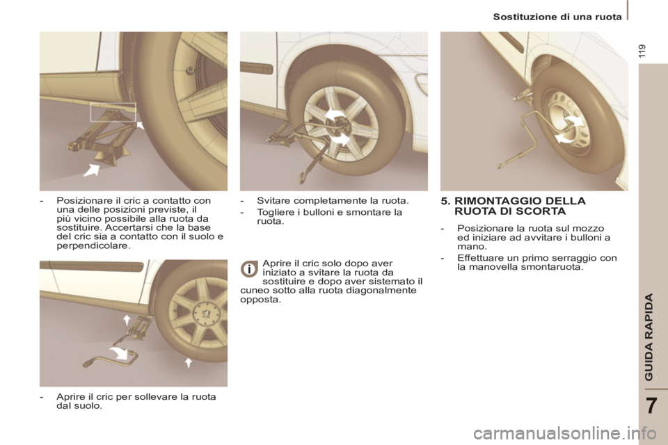 PEUGEOT 807 2013 Manuale duso (in Italian) 11 9
GUIDA RAPIDA
7
Sostituzione di una ruota
Aprire il cric solo dopo aver
iniziato a svitare la ruota da
sostituire e dopo aver sistemato il
cuneo sotto alla ruota diagonalmente
opposta.
PEUGEOT 807 2013 Manuale duso (in Italian) 11 9
GUIDA RAPIDA
7
Sostituzione di una ruota
Aprire il cric solo dopo aver
iniziato a svitare la ruota da
sostituire e dopo aver sistemato il
cuneo sotto alla ruota diagonalmente
opposta.
