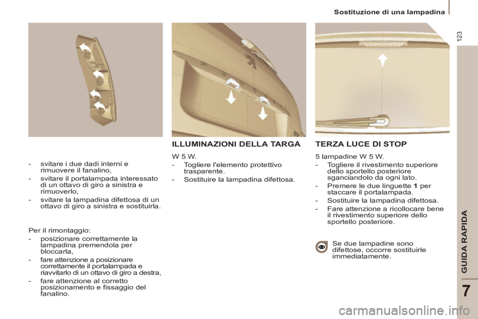 PEUGEOT 807 2013 Manuale duso (in Italian) 123
GUIDA RAPIDA
7
Sostituzione di una lampadina
TERZA LUCE DI STOP
5 lampadine W 5 W.
- Togliere il rivestimento superiore
dello sportello posteriore
sganciandolo da ogni lato.
PEUGEOT 807 2013 Manuale duso (in Italian) 123
GUIDA RAPIDA
7
Sostituzione di una lampadina
TERZA LUCE DI STOP
5 lampadine W 5 W.
- Togliere il rivestimento superiore
dello sportello posteriore
sganciandolo da ogni lato.