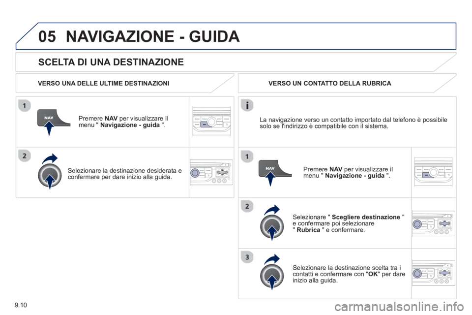 PEUGEOT 807 2013 Manuale duso (in Italian) 9.10
05
SCELTA DI UNA DESTINAZIONE
NAVIGAZIONE - GUIDA
VERSO UNA DELLE ULTIME DESTINAZIONI
Premere NAVper visualizzare il
menu " Navigazione - guida ".
Selezionare la destinazione d PEUGEOT 807 2013 Manuale duso (in Italian) 9.10
05
SCELTA DI UNA DESTINAZIONE
NAVIGAZIONE - GUIDA
VERSO UNA DELLE ULTIME DESTINAZIONI
Premere NAVper visualizzare il
menu " Navigazione - guida ".
Selezionare la destinazione d