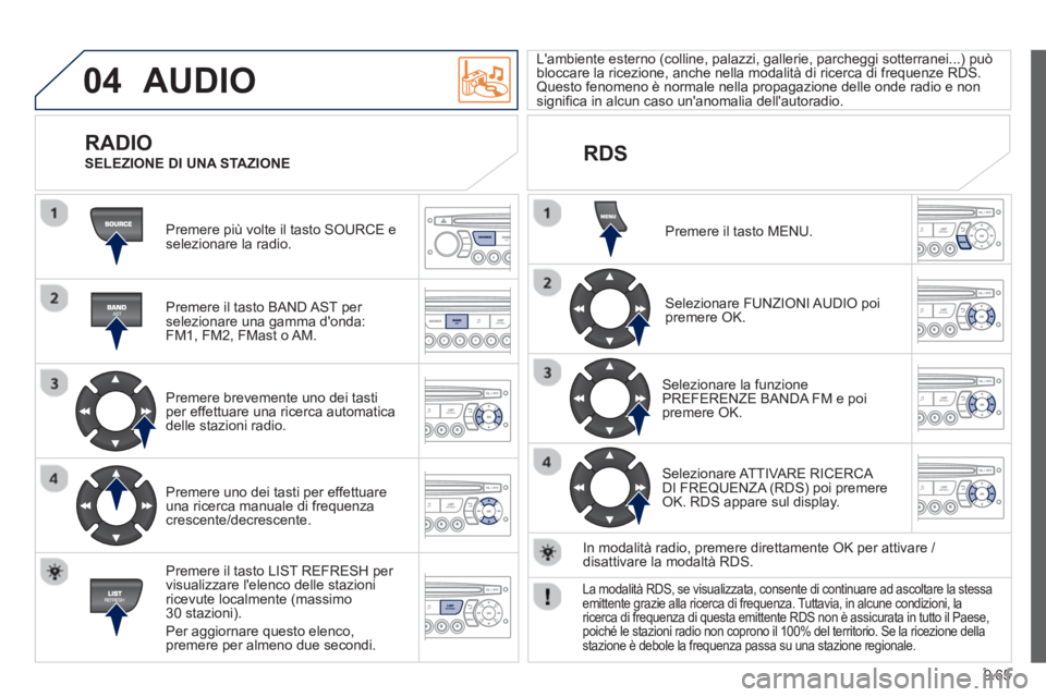 PEUGEOT 807 2013 Manuale duso (in Italian) 9.65
04 AUDIO
Premere più volte il tasto SOURCE e selezionare la radio.
Premere il tasto BAND A
ST per selezionare una gamma donda:
FM1, FM2, FMast o AM.
Premere brevemente uno dei tast PEUGEOT 807 2013 Manuale duso (in Italian) 9.65
04 AUDIO
Premere più volte il tasto SOURCE e selezionare la radio.
Premere il tasto BAND A
ST per selezionare una gamma donda:
FM1, FM2, FMast o AM.
Premere brevemente uno dei tast