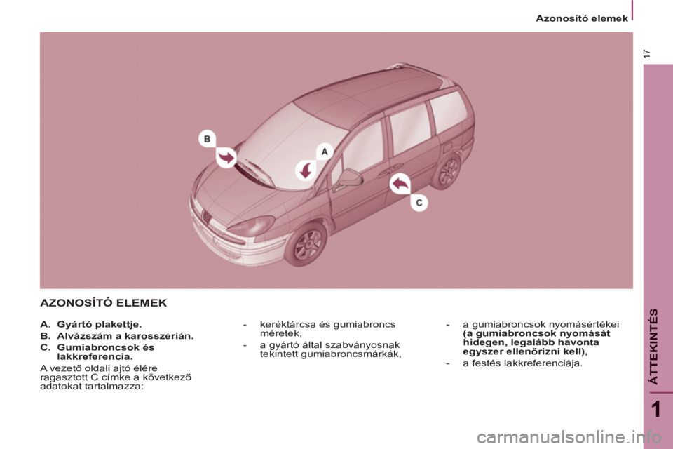 PEUGEOT 807 2013  Kezelési útmutató (in Hungarian) 17
1
ÁTTEKINTÉ
S
   Azonosító elemek
 
AZONOSÍTÓ ELEMEK 
 
 
 
-   keréktárcsa és gumiabroncs 
méretek, 
   
-   a gyártó által szabványosnak 
tekintett gumiabroncsmárkák,    
-   a gu