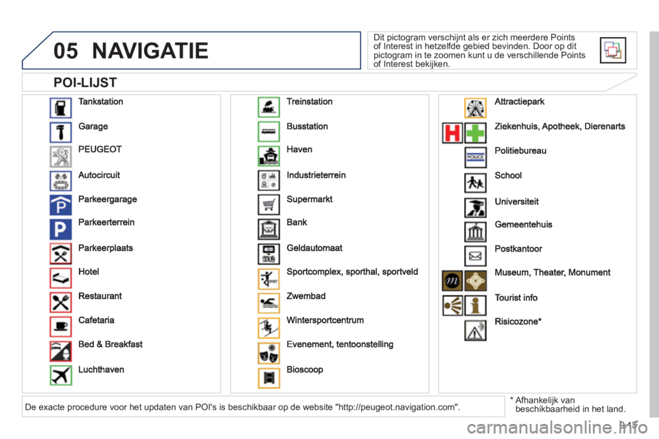 PEUGEOT 807 2013  Instructieboekje (in Dutch) 9.13
05
   
POI-LIJST
NAVIGATIE
 Dit pictogram verschijnt als er zich meerdere Points of Interest in hetzelfde gebied bevinden. Door op dit pictogram in te zoomen kunt u de verschillende Points of Int