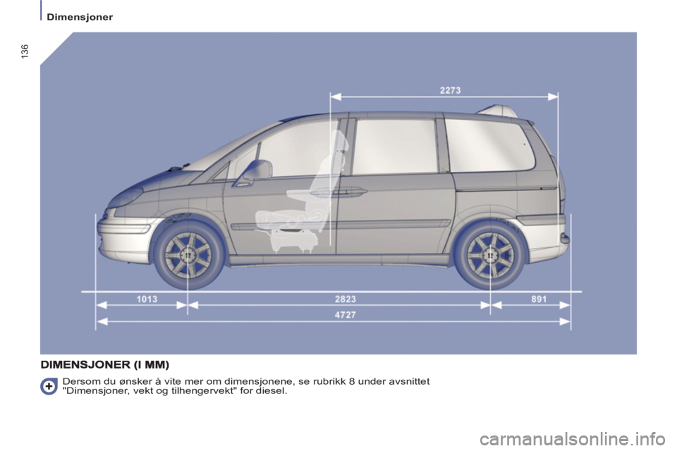 PEUGEOT 807 2013  Instruksjoner for bruk (in Norwegian) 136
  Dimensjoner 
 
Dersom du ønsker å vite mer om dimensjonene, se rubrikk 8 under avsnittet 
"Dimensjoner, vekt og tilhengervekt" for diesel.  
