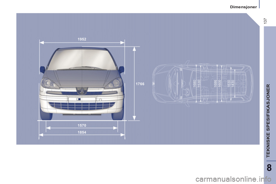 PEUGEOT 807 2013  Instruksjoner for bruk (in Norwegian) 137
8
  Dimensjoner 
TEKNISKE SPESIFIKASJONER 