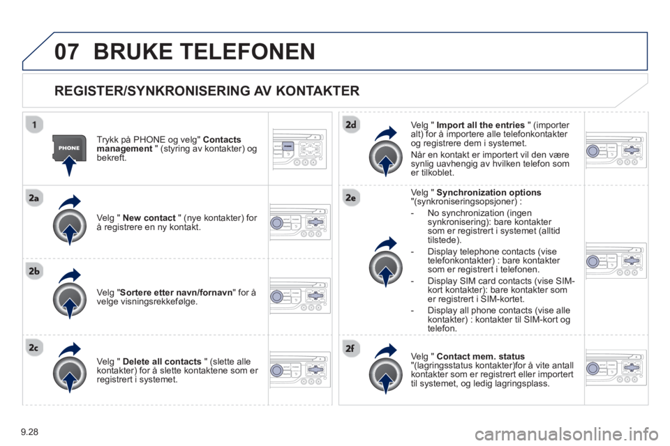 PEUGEOT 807 2013 Instruksjoner for bruk (in Norwegian) 9.28
07BRUKE TELEFONEN
REGISTER/SYNKRONISERING AV KONTAKTER
Trykk på PHONE og velg" Contacts
management " (styring av kontakter) og bekreft.
Ve l
g " New contact" (nye kontakter) f PEUGEOT 807 2013 Instruksjoner for bruk (in Norwegian) 9.28
07BRUKE TELEFONEN
REGISTER/SYNKRONISERING AV KONTAKTER
Trykk på PHONE og velg" Contacts
management " (styring av kontakter) og bekreft.
Ve l
g " New contact" (nye kontakter) f