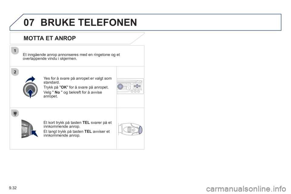 PEUGEOT 807 2013  Instruksjoner for bruk (in Norwegian) 9.32
07BRUKE TELEFONEN 
   
MOTTA ET ANROP 
 
 
Et inngående anrop annonseres med en ringetone og et
overlappende vindu i skjermen.
Yes for å svare på anropet er val
gt som standard.
Tr
ykk på "OK