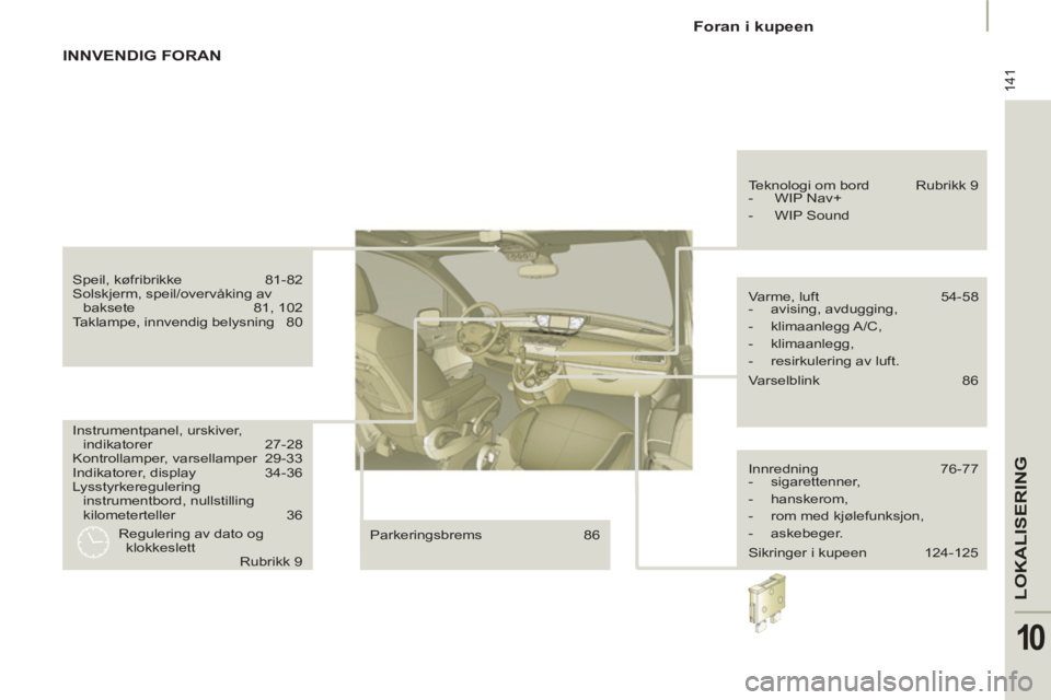 PEUGEOT 807 2013 Instruksjoner for bruk (in Norwegian) 141
LOKALISERING
10
Foran i kupeen
Instrumentpanel, urskiver,
indikatorer 27-28
Kontrollamper, varsellamper 29-33
Indikatorer, display 34-36
Lysstyrkeregulering
instrumentb PEUGEOT 807 2013 Instruksjoner for bruk (in Norwegian) 141
LOKALISERING
10
Foran i kupeen
Instrumentpanel, urskiver,
indikatorer 27-28
Kontrollamper, varsellamper 29-33
Indikatorer, display 34-36
Lysstyrkeregulering
instrumentb