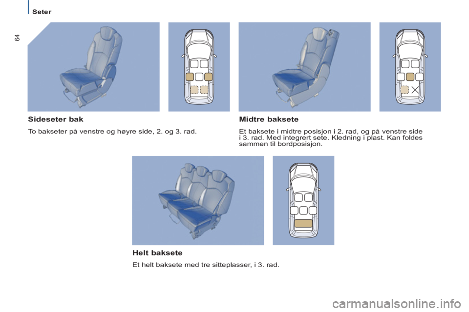 PEUGEOT 807 2013 Instruksjoner for bruk (in Norwegian) 64
Seter
Helt baksete
Et helt baksete med tre sitteplasser, i 3. rad.
Sideseter bak
To bakseter på venstre og høyre side, 2. og 3. rad.
Midtre baksete
Et baksete i PEUGEOT 807 2013 Instruksjoner for bruk (in Norwegian) 64
Seter
Helt baksete
Et helt baksete med tre sitteplasser, i 3. rad.
Sideseter bak
To bakseter på venstre og høyre side, 2. og 3. rad.
Midtre baksete
Et baksete i