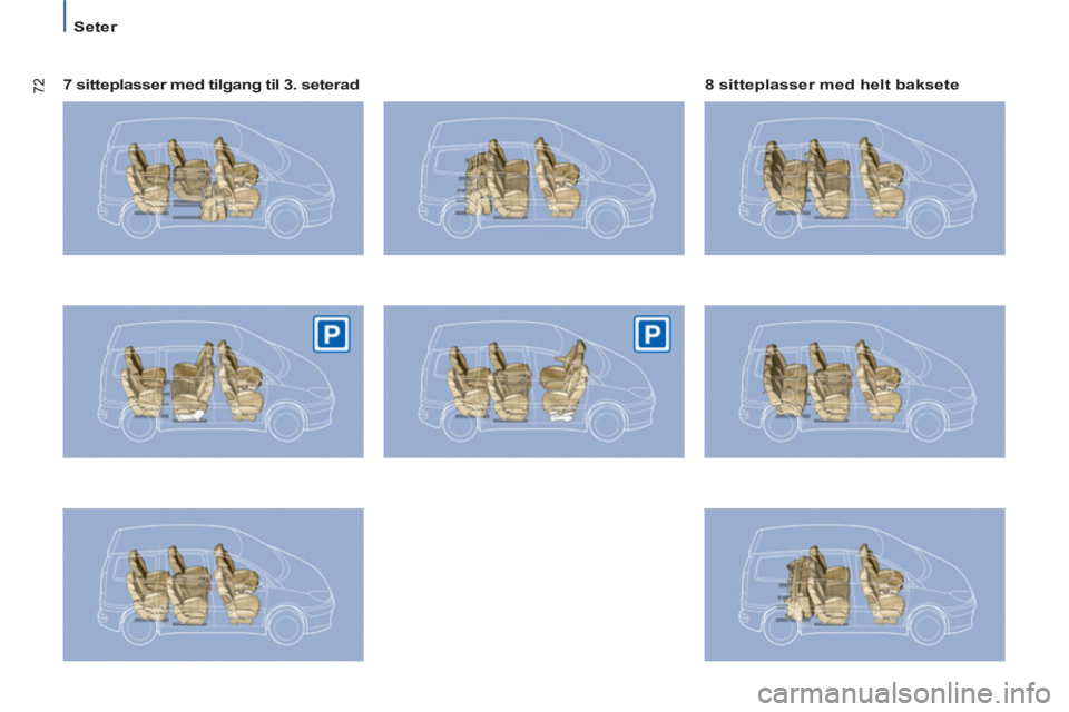 PEUGEOT 807 2013  Instruksjoner for bruk (in Norwegian) 72
   
 
Seter  
 
   
7 sitteplasser med tilgang til 3. seterad    
8 sitteplasser med helt baksete   