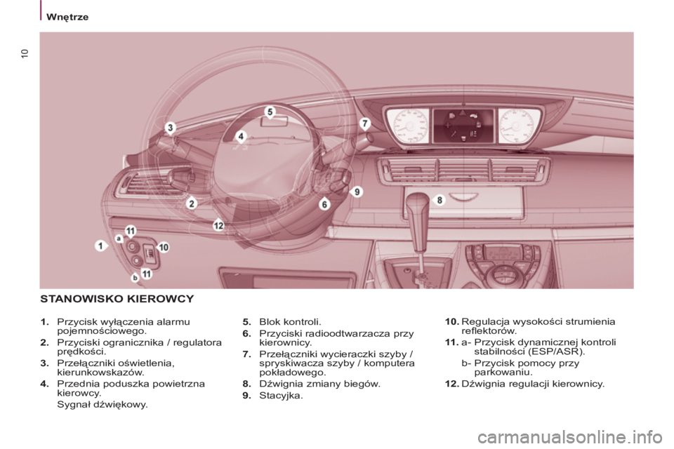 PEUGEOT 807 2013  Instrukcja obsługi (in Polish) Wnętrze
10
 
 
5. 
 Blok kontroli. 
   
6. 
  Przyciski radioodtwarzacza przy 
kierownicy. 
   
7. 
 Przełączniki wycieraczki szyby / 
spryskiwacza szyby / komputera 
pokładowego. 
   
8. 
 Dźwig