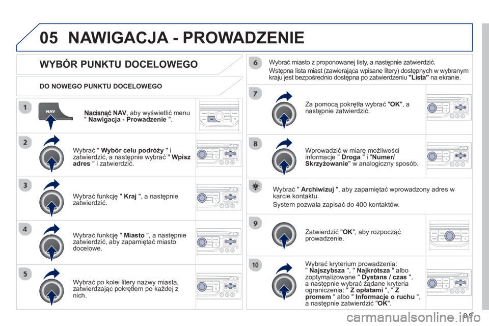 PEUGEOT 807 2013 Instrukcja obsługi (in Polish) 9.9
05
NAV , aby wyświetlić menu "Nawigacja - Prowadzenie".
DO NOWEGO PUNKTU DOCELOWEGO
NAWIGACJA - PROWADZENIE
WYBÓR PUNKTU DOCELOWEGO
Wybrać " Wybór celu podró PEUGEOT 807 2013 Instrukcja obsługi (in Polish) 9.9
05
NAV , aby wyświetlić menu "Nawigacja - Prowadzenie".
DO NOWEGO PUNKTU DOCELOWEGO
NAWIGACJA - PROWADZENIE
WYBÓR PUNKTU DOCELOWEGO
Wybrać " Wybór celu podró