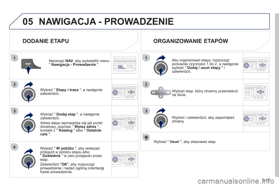 PEUGEOT 807 2013  Instrukcja obsługi (in Polish) 9.15
05NAWIGACJA - PROWADZENIE 
   
DODANIE ETAPU 
 
 
Nacisnąć  NAV, aby wyświetlić menu"Nawigacja - Prowadzenie".
Wybrać "  Etapy i trasa 
 ", a następnie
zatwierdzić.  
W
ybrać "  W pobliż