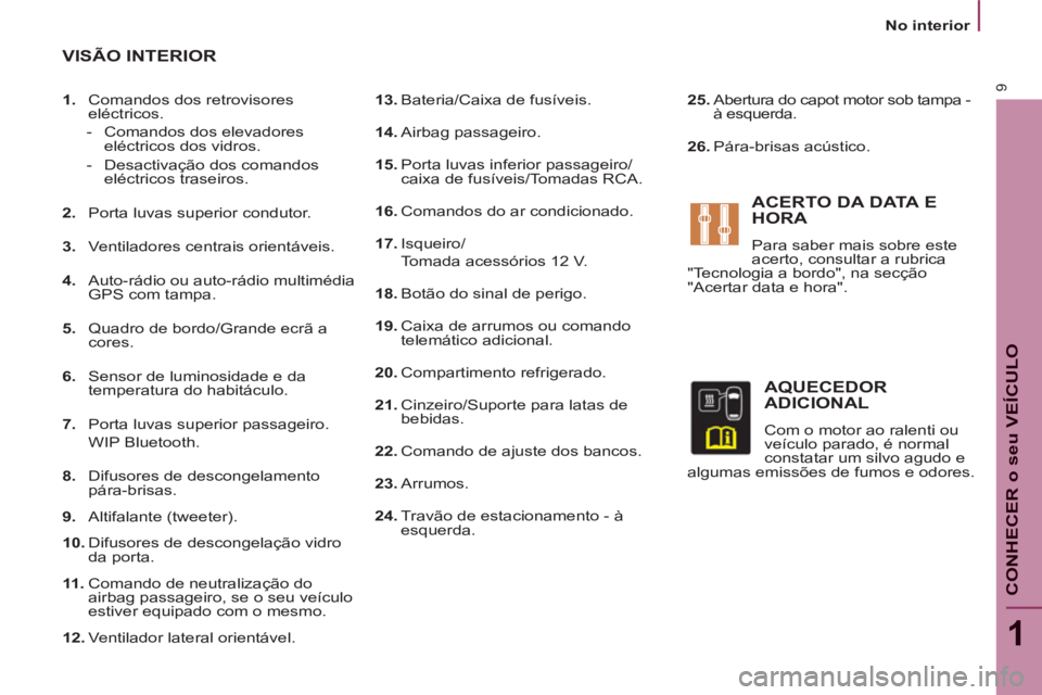 PEUGEOT 807 2013 Manual de utilização (in Portuguese) 9
1
CONHECER o seu VEÍCULO
No interior
13.
Bateria/Caixa de fusíveis.
14.
Airbag passageiro.
15.
Porta luvas inferior passageiro/
caixa de fusíveis/Tomadas RCA.
16.
Coma PEUGEOT 807 2013 Manual de utilização (in Portuguese) 9
1
CONHECER o seu VEÍCULO
No interior
13.
Bateria/Caixa de fusíveis.
14.
Airbag passageiro.
15.
Porta luvas inferior passageiro/
caixa de fusíveis/Tomadas RCA.
16.
Coma