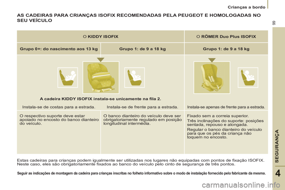 PEUGEOT 807 2013  Manual de utilização (in Portuguese) SEGURAN
ÇA
99
   
 
Crianças a bordo  
 
4
 
AS CADEIRAS PARA CRIANÇAS ISOFIX RECOMENDADAS PELA PEUGEOT E HOMOLOGADAS NONO
SEU VEÍCULO 
 
Estas cadeiras para crianças podem igualmente ser utiliza