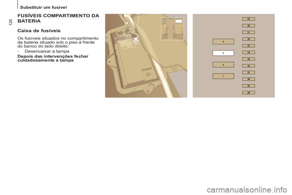 PEUGEOT 807 2013 Manual de utilização (in Portuguese) 126
Substituir um fusível
FUSÍVEIS COMPARTIMENTO DA
FUSÍV
ATERIA BAT
Caixa de fusíveis
Os fusíveis situados no compartimento
da bateria situado sob o piso à frente
do banc PEUGEOT 807 2013 Manual de utilização (in Portuguese) 126
Substituir um fusível
FUSÍVEIS COMPARTIMENTO DA
FUSÍV
ATERIA BAT
Caixa de fusíveis
Os fusíveis situados no compartimento
da bateria situado sob o piso à frente
do banc