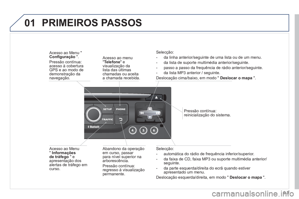PEUGEOT 807 2013  Manual de utilização (in Portuguese) 9.3
01
Selecção:
-   automática do rádio de frequência inferior/superior. 
-  da 
faixa de CD, faixa MP3 ou suporte multimédia anterior/seguinte. 
-   da parte esquerda
/direita do ecrã quando 