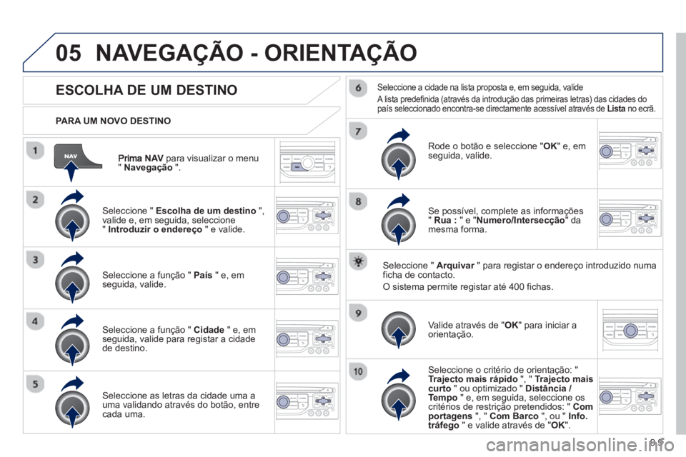 PEUGEOT 807 2013  Manual de utilização (in Portuguese) 9.9
05
NAVpara visualizar o menu"Navegação".
   
PARA UM NOVO DESTINO  
NAVEGAÇÃO - ORIENTAÇÃO
 
 
 
 
 
 
 
 
 
 
ESCOLHA DE UM DESTINO
 
 Seleccione " Escolha de um destino 
 ", 
valide e, em 