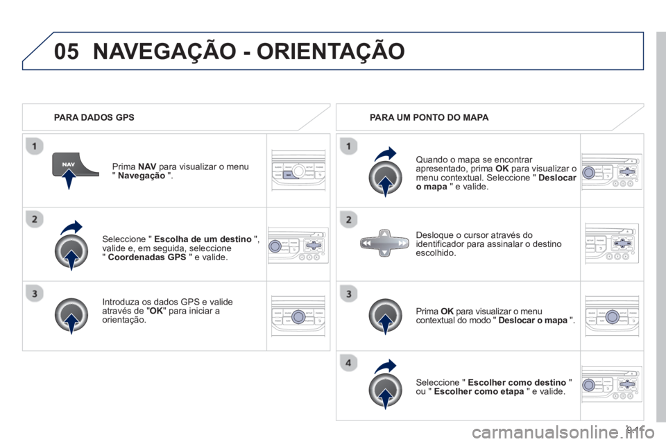 PEUGEOT 807 2013  Manual de utilização (in Portuguese) 9.11
05
   Seleccione " Escolha de um destino 
 ", 
valide e, em seguida, seleccione"  Coordenadas GPS" e valide.
   
Intr
oduza os dados GPS e valide através de "OK" para iniciar a 
orientação.Pri