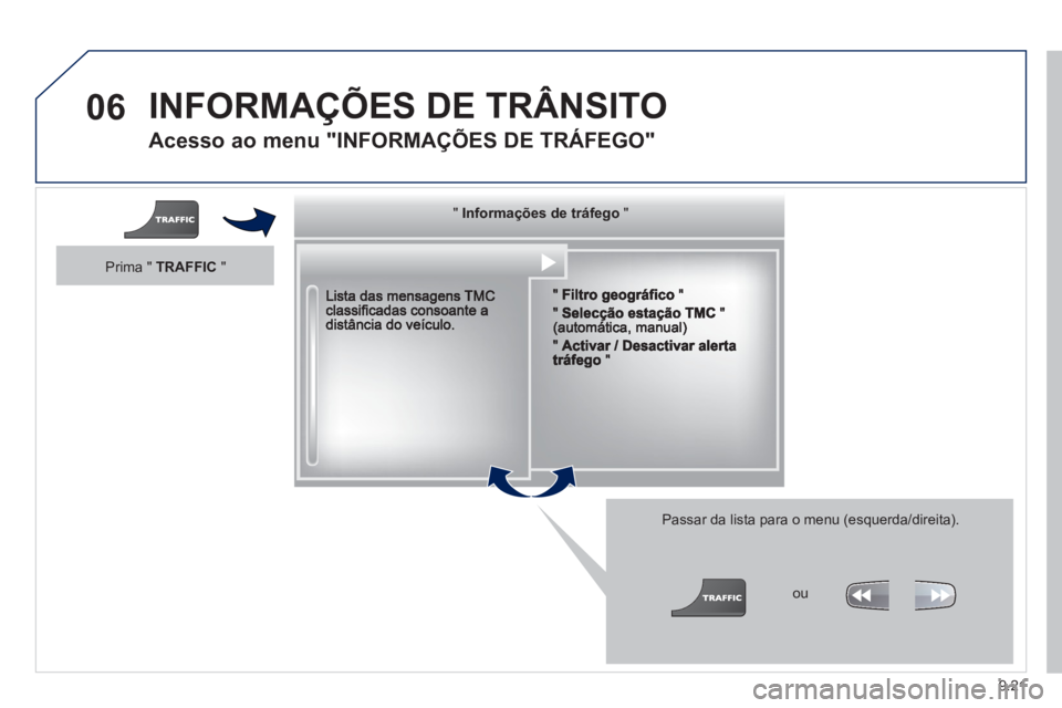 PEUGEOT 807 2013  Manual de utilização (in Portuguese) 9.21
06  INFORMAÇÕES DE TRÂNSITO
 
 
Acesso ao menu "INFORMAÇÕES DE TRÁFEGO" 
 
 
Passar da lista para o menu (esquerda/direita).
 
  """""""gçgçgçgçgo ações de t á egoInformações de tr