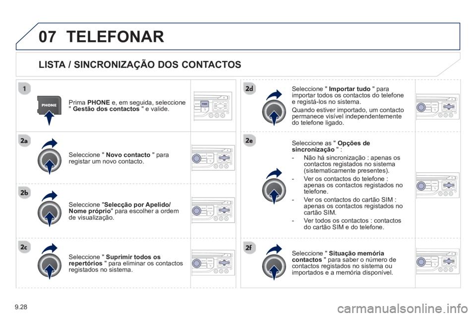 PEUGEOT 807 2013  Manual de utilização (in Portuguese) 9.28
07TELEFONAR
   
LISTA / SINCRONIZAÇÃO DOS CONTACTOS
 
 Prima  PHONEe, em seguida, seleccione
"  Gestão dos contactos" e valide.
   
Seleccione " Novo contacto" para
registar um novo contacto. 