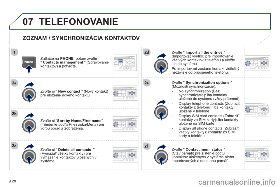 PEUGEOT 807 2013  Návod na použitie (in Slovakian) 9.28
07TELEFONOVANIE 
   
ZOZNAM / SYNCHRONIZÁCIA KONTAKTOV
 
 
Zatlačte na  PHONE, potom zvoľte
"Contacts management" (Spravovanie 
kontaktov) a potvrďte.
   
Zv
oľte si "  New contact" (Nový k