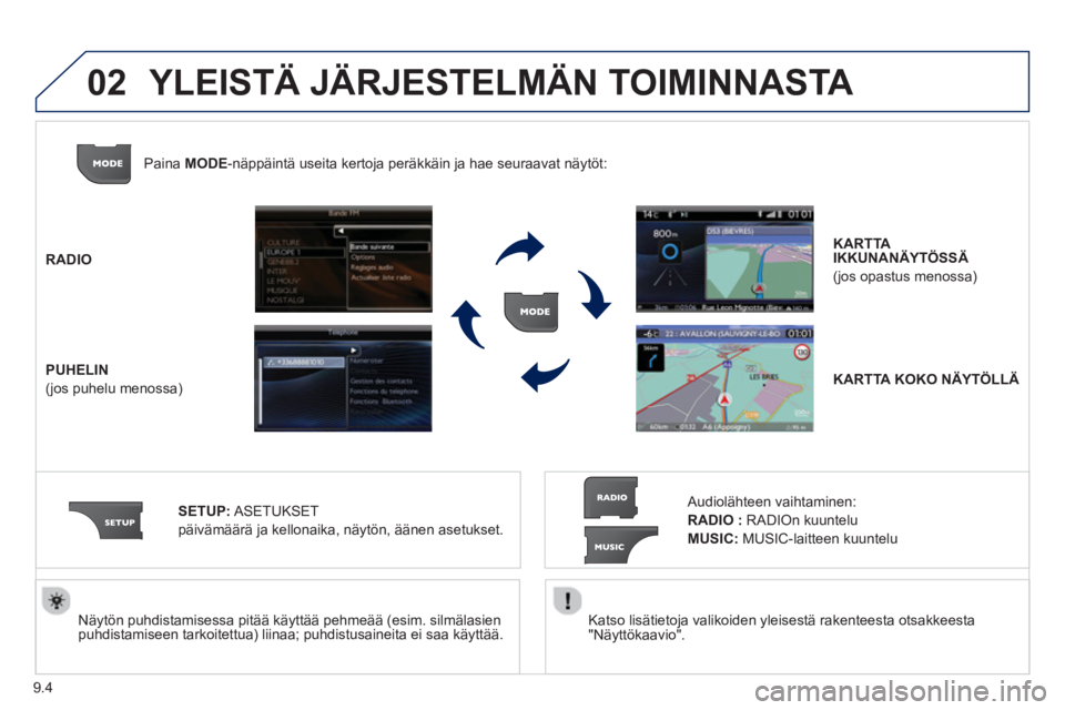 PEUGEOT 807 2013 Omistajan Käsikirja (in Finnish) 9.4
02
Katso lisätietoja valikoiden yleisestä rakenteesta otsakkeesta
"Näyttökaavio".
Näytön puhdistamisessa pitää käyttää pehmeää (esim. silmälasienpuhdistamiseen tarkoitett PEUGEOT 807 2013 Omistajan Käsikirja (in Finnish) 9.4
02
Katso lisätietoja valikoiden yleisestä rakenteesta otsakkeesta
"Näyttökaavio".
Näytön puhdistamisessa pitää käyttää pehmeää (esim. silmälasienpuhdistamiseen tarkoitett
