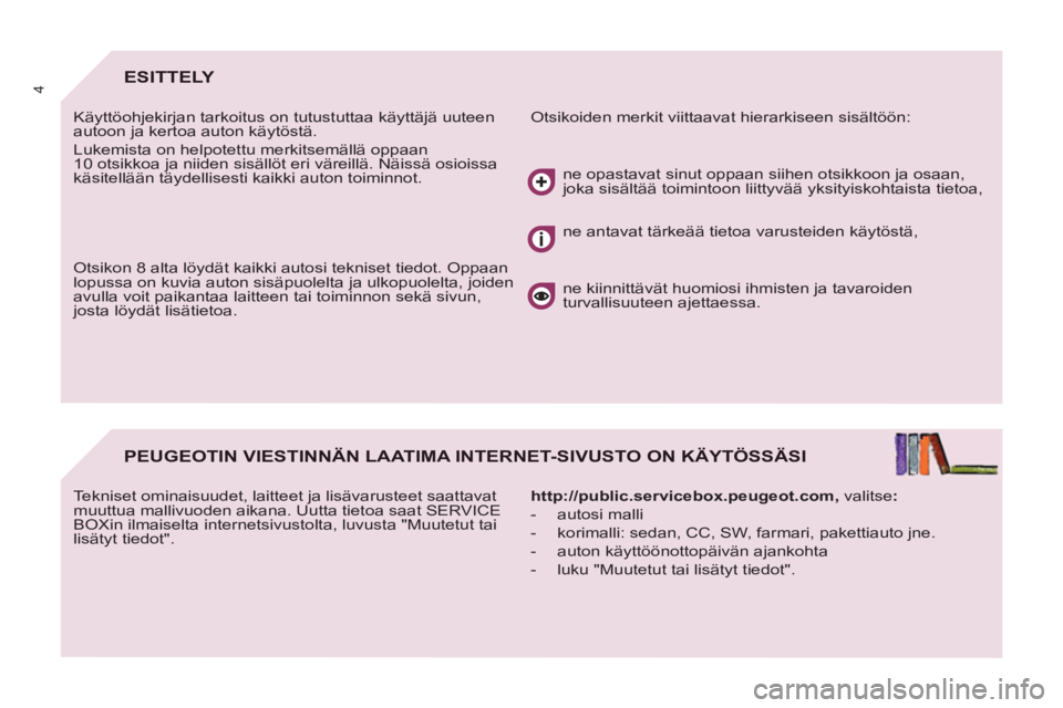 PEUGEOT 807 2013 Omistajan Käsikirja (in Finnish) 4ESITTELY
Otsikoiden merkit viittaavat hierarkiseen sisältöön:
Käyttöohjekirjan tarkoitus on tutustuttaa käyttäjä uuteen
autoon ja kertoa auton käytöstä.
Lukemista on helpotettu m PEUGEOT 807 2013 Omistajan Käsikirja (in Finnish) 4ESITTELY
Otsikoiden merkit viittaavat hierarkiseen sisältöön:
Käyttöohjekirjan tarkoitus on tutustuttaa käyttäjä uuteen
autoon ja kertoa auton käytöstä.
Lukemista on helpotettu m