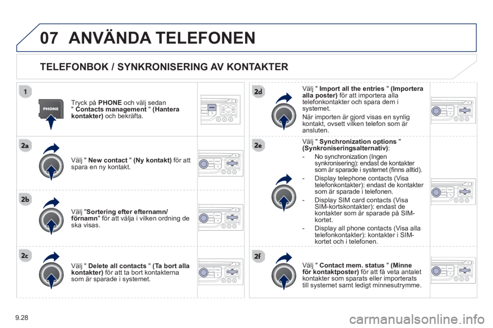 PEUGEOT 807 2013  Bruksanvisningar (in Swedish) 9.28
07ANVÄNDA TELEFONEN 
   
TELEFONBOK / SYNKRONISERING AV KONTAKTER 
 
 
Tryck på PHONE 
 och välj sedan
"Contacts management"(Hanterakontakter)och bekräfta.  
   
V
älj " New contact"(Ny kont