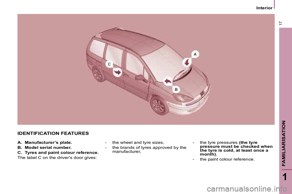 PEUGEOT 807 2008.5 User Guide 17
1
FAMILIARISATION
   Interior   
 IDENTIFICATION FEATURES 
   -     the wheel and tyre sizes,  
  -     the brands of tyres approved by the manufacturer,    -     the tyre pressures  
(the tyre 
pr