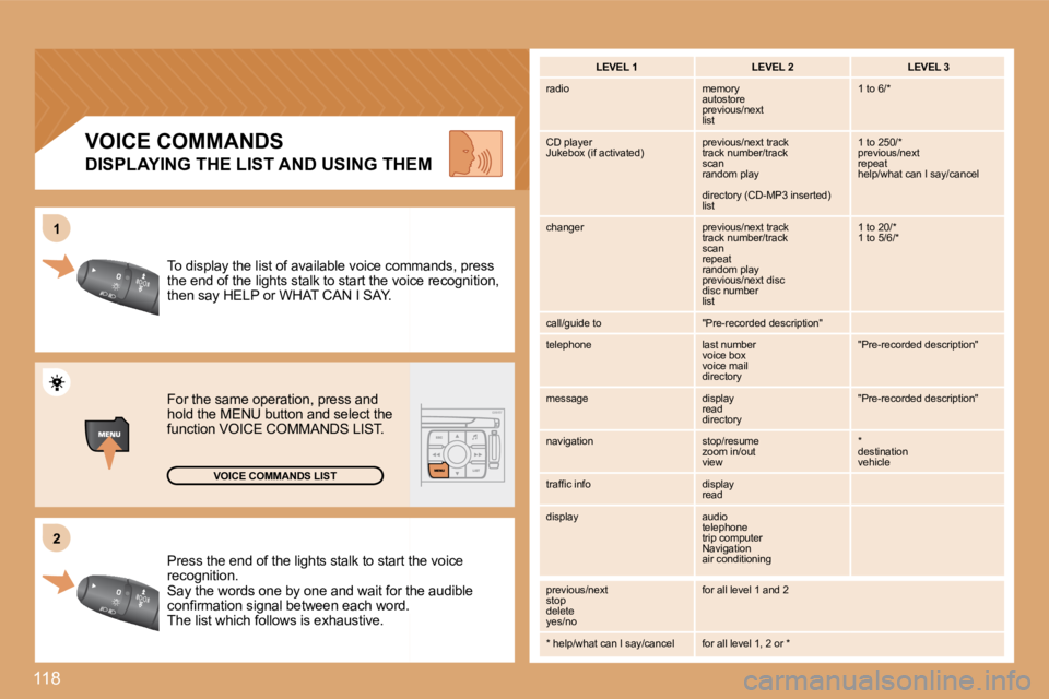 PEUGEOT 807 2008.5  Owners Manual 118
�2�2
11
 Press the end of the lights stalk to start thtart the voice recognition.  Say the words one by one and wait for the for the audible �c�o�n�ﬁ� �r�m�a�t�i�o�n� �s�i�g�n�a�l� �b�e�t�w�e�e�