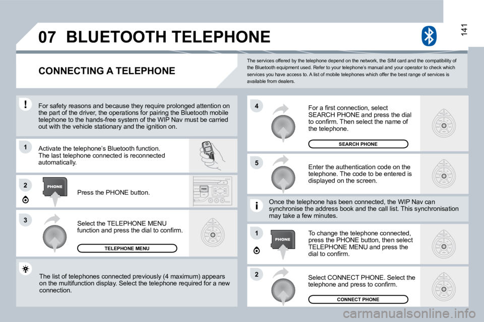PEUGEOT 807 2008.5  Owners Manual �0�7
1
�3
�5
�4
�2
1
�2
141
 The services offered by the telephone depend on the network, the SIM card and the compatibility of the Bluetooth equipment used. Refer to your telepho ne’s manual and yo