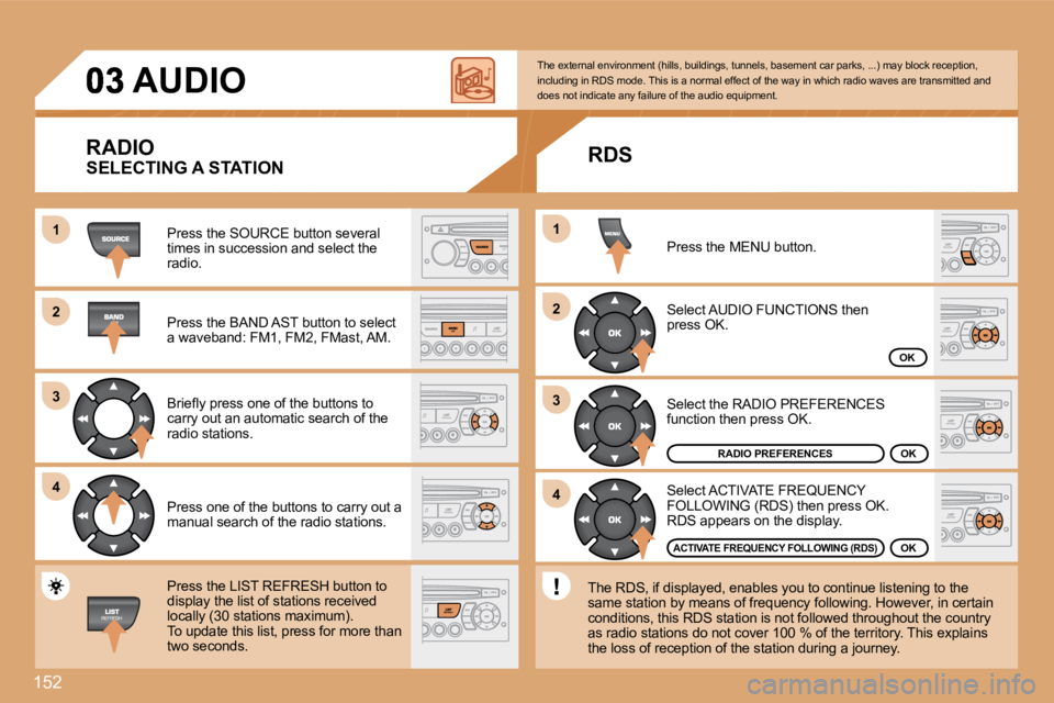 PEUGEOT 807 2008.5  Owners Manual 152
11
�2�2
�3�3
�4�4
�2�2
�4�4
�3�3
11
     AUDIO 
  RADIO 
 Press the SOURCE button several times in succession and select the radio. 
 Press the BAND AST button to select a waveband: FM1, FM2, FMas