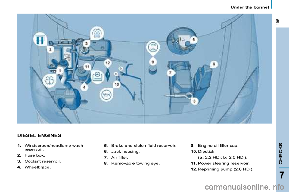 PEUGEOT 807 2008.5  Owners Manual 195
   Under the bonnet   
CHECKS
7
 DIESEL ENGINES 
  
5. � �  �B�r�a�k�e� �a�n�d� �c�l�u�t�c�h� �ﬂ� �u�i�d� �r�e�s�e�r�v�o�i�r�.� 
  
6.    Jack housing. 
  
7. � �  �A�i�r� �ﬁ� �l�t�e�r�.� 
  
