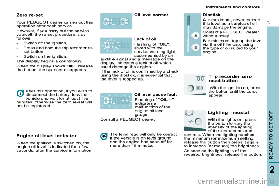 PEUGEOT 807 2008.5 Owners Guide    Instruments and controls   
READY TO SET OFF
2
37
  Zero re-set  
 Your  PEUGEOT dealer  carries out this  
operation after each service.  
 However, if you carry out the service  
yourself, the re