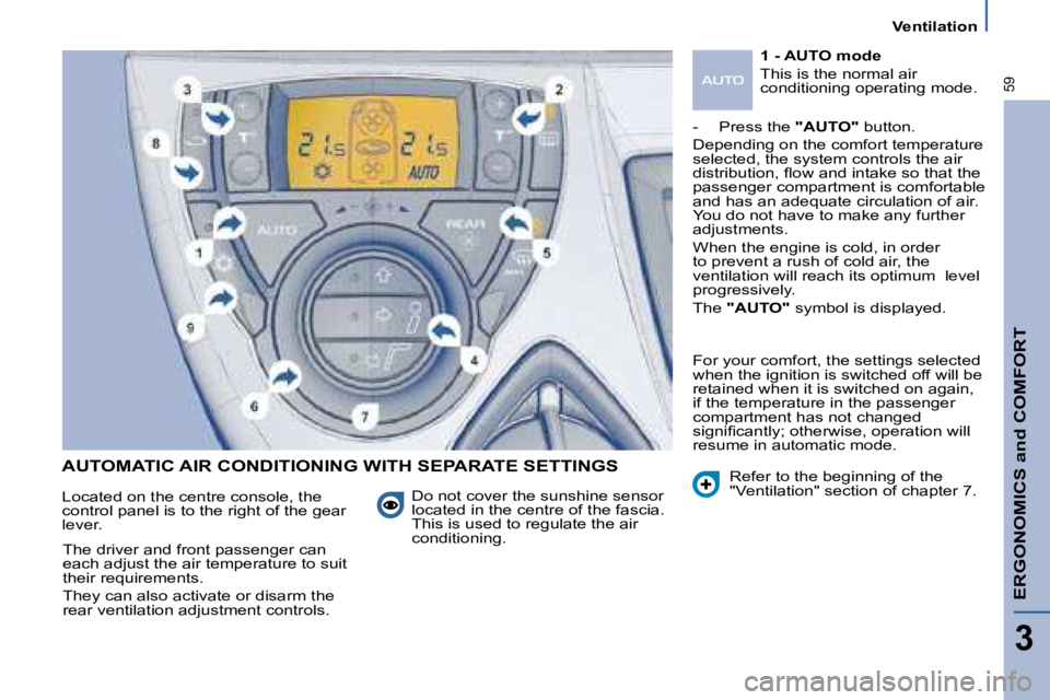 PEUGEOT 807 2008.5  Owners Manual ERGONOMICS and COMFORT
3
59
   Ventilation   
AUTOMATIC AIR CONDITIONING WITH SEPARATE SETTINGS
 Do not cover the sunshine sensor �l�o�c�a�t�e�d� �i�n� �t�h�e� �c�e�n�t�r�e� �o�f� �t�h�e� �f�a�s�c�i�a