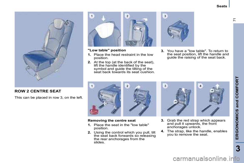 PEUGEOT 807 2008.5 Repair Manual ERGONOMICS and COMFORT
3
�7�1
Seats
ROW 2 CENTRE SEAT 
� �T�h�i�s� �c�a�n� �b�e� �p�l�a�c�e�d� �i�n� �r�o�w� �3�,� �o�n� �t�h�e� �l�e�f�t�.� �     
"Low table" position
1.� �  �P�l�a�c�e� �t�h�e� �h�e