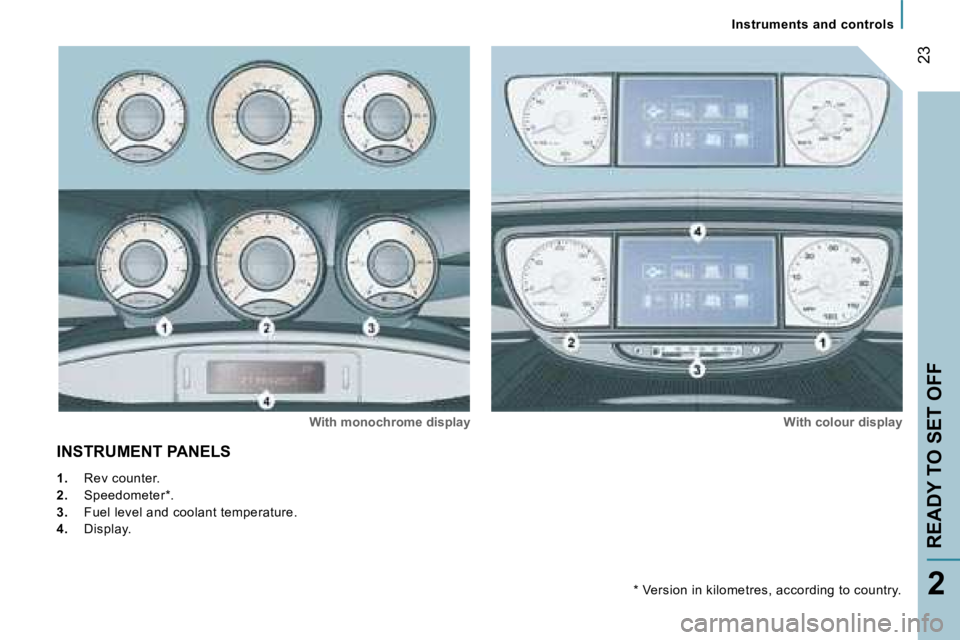 PEUGEOT 807 2007.5 Owners Manual �2�3
�2
�I�N�S�T�R�U�M�E�N�T� �P�A�N�E�L�S
�W�i�t�h� �m�o�n�o�c�h�r�o�m�e� �d�i�s�p�l�a�y�W�i�t�h� �c�o�l�o�u�r� �d�i�s�p�l�a�y
�1�.�  �R�e�v� �c�o�u�n�t�e�r�.
�2�. �  �S�p�e�e�d�o�m�e�t�e�r�*�.
�3�. 