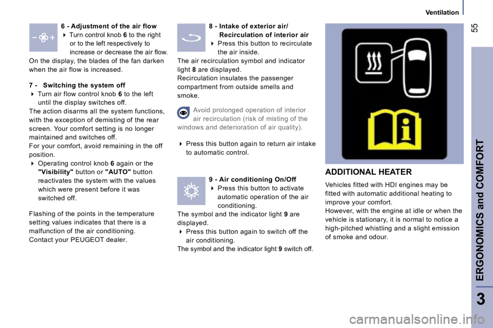 PEUGEOT 807 2007.5 Workshop Manual �V�e�n�t�i�l�a�t�i�o�n
�E�R�G�O�N�O�M�I�C�S� �a�n�d� �C�O�M�F�O�R�T�5�5
�3
�6� �-� �A�d�j�u�s�t�m�e�n�t� �o�f� �t�h�e� �a�i�r� �f�l�o�w
�
� � �T�u�r�n� �c�o�n�t�r�o�l� �k�n�o�b�  �6� �t�o� �t�h�e� 