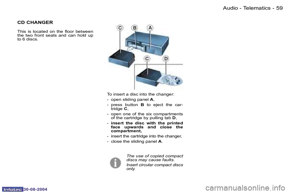 PEUGEOT 807 2004.5 Workshop Manual �A�u�d�i�o� �-� �T�e�l�e�m�a�t�i�c�s�5�8 �-
�3�0�-�0�8�-�2�0�0�4
�5�9�A�u�d�i�o� �-� �T�e�l�e�m�a�t�i�c�s�-
�3�0�-�0�8�-�2�0�0�4
�T�o� �i�n�s�e�r�t� �a� �d�i�s�c� �i�n�t�o� �t�h�e� �c�h�a�n�g�e�r�: 
�