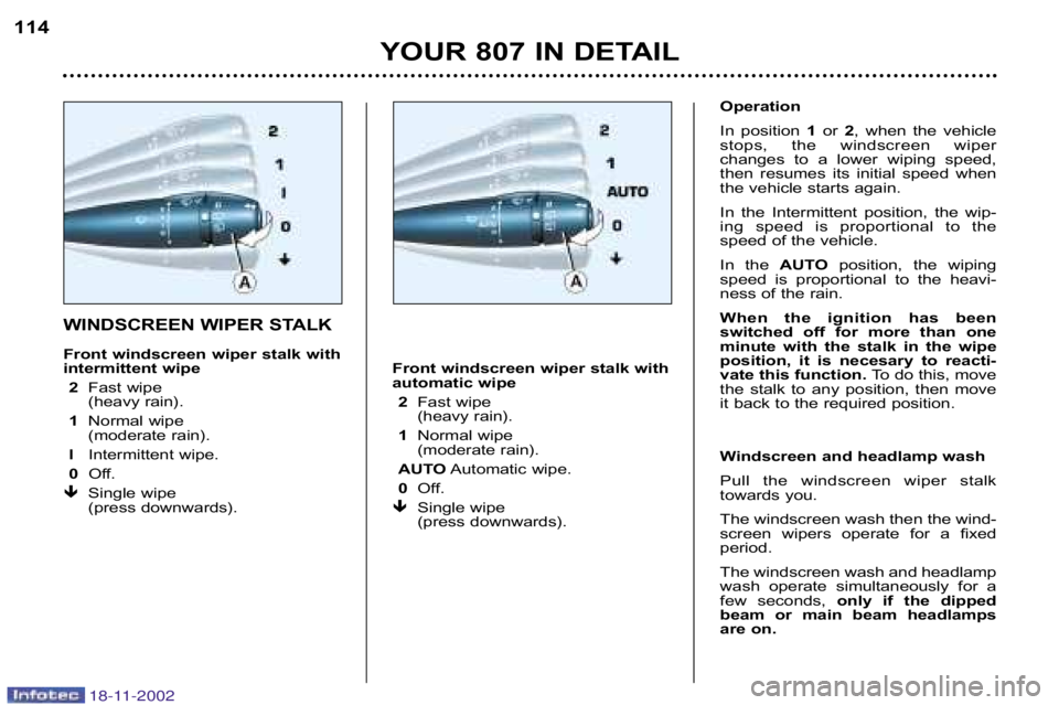 PEUGEOT 807 2002.5  Owners Manual YOUR 807 IN DETAIL
114
WINDSCREEN WIPER STALK 
Front windscreen wiper stalk with 
intermittent wipe 
2 Fast wipe 
(heavy rain).
1 Normal wipe 
(moderate rain).
l Intermittent wipe.
0 Off.
� Single wip
