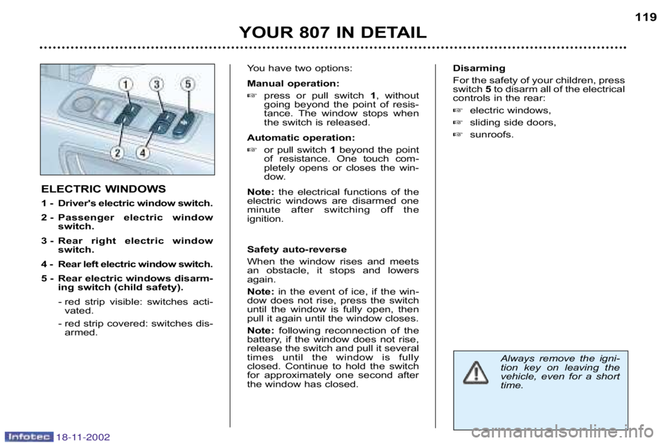 PEUGEOT 807 2002.5  Owners Manual YOUR 807 IN DETAIL119
ELECTRIC WINDOWS 
1 � Drivers electric window switch. 
2 � Passenger  electric  window switch.
3 � Rear  right  electric  window switch.
4 � Rear left electric window switch.
5 