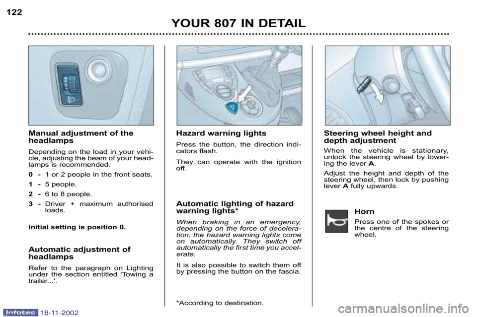 PEUGEOT 807 2002.5  Owners Manual Horn 
Press  one  of  the  spokes  or 
the  centre  of  the  steering
wheel. 
YOUR 807 IN DETAIL
122
Manual adjustment of the 
headlamps 
Depending  on  the  load  in  your  vehi� 
cle, adjusting the 